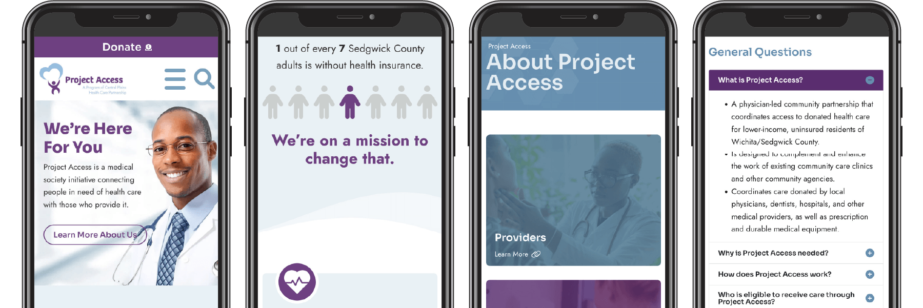 Four pages of the Project Access website displayed on four phones.
