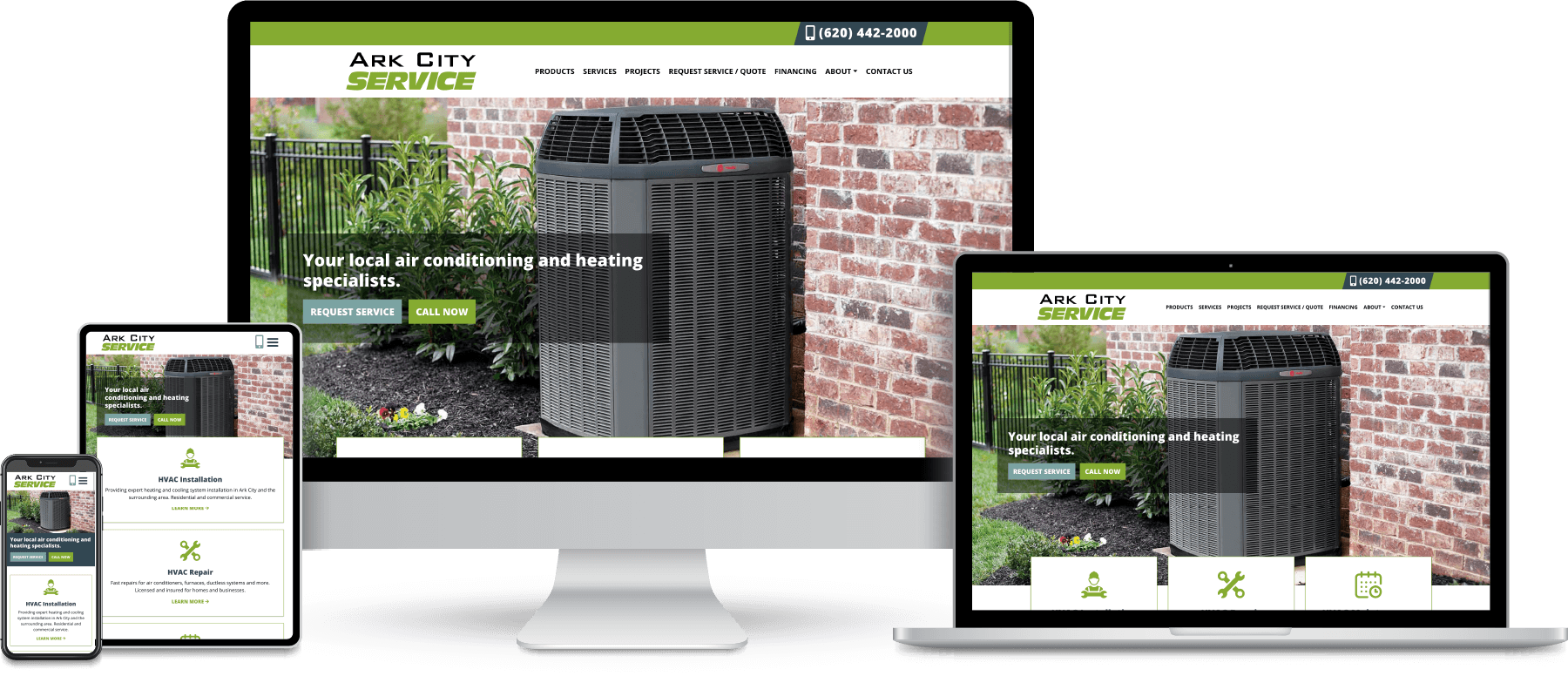 Ark City Service website shown on desktop, laptop, tablet and mobile devices.