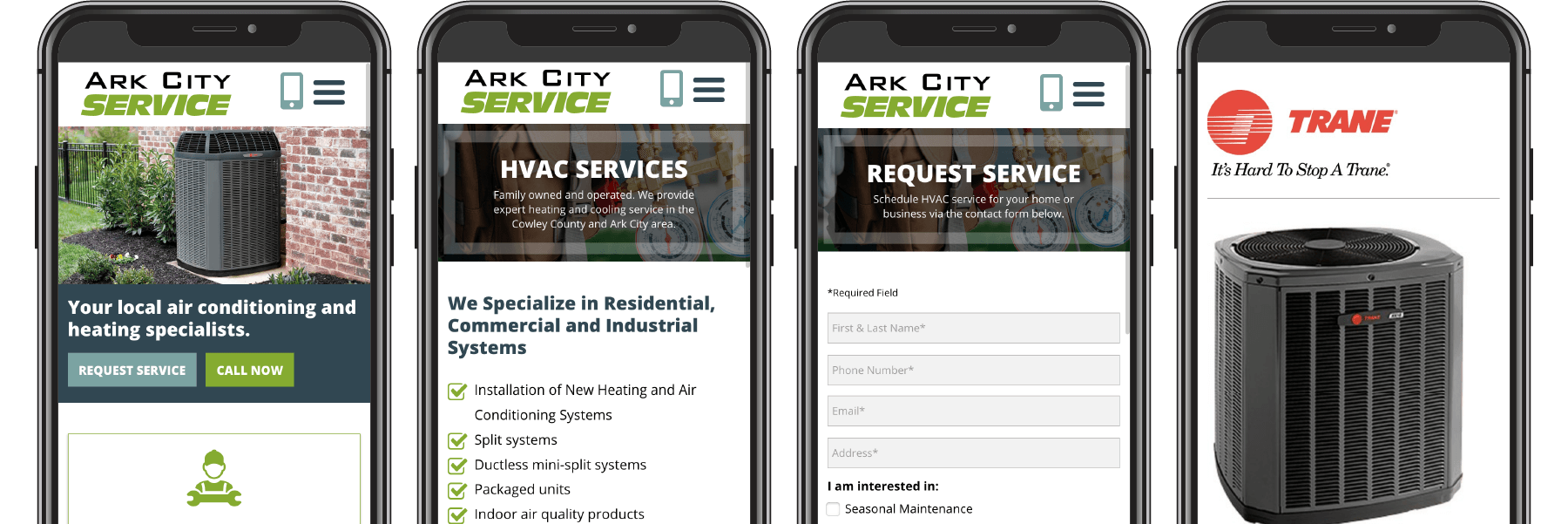 Four pages of the Ark City Service website displayed on four phones.