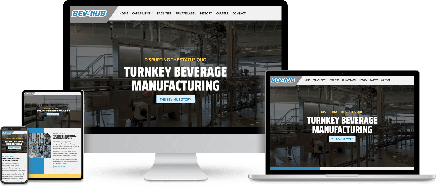 Bev-Hub website shown on desktop, laptop, tablet and mobile devices.