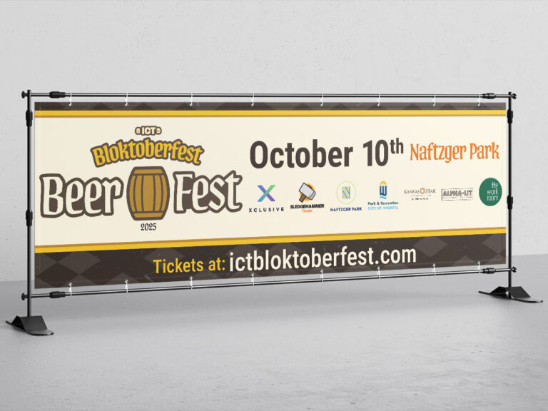 Horizontal standing banner with Bloktoberfest logo and line art graphics.