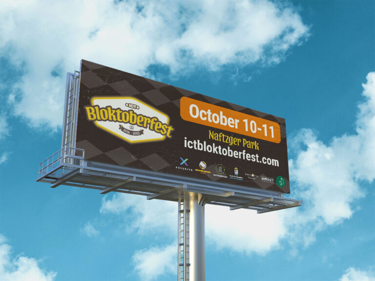 Bloktoberfest billboard with partly cloudy sky behind it.