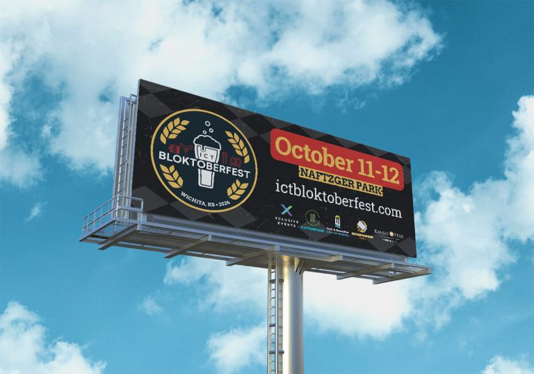 Bloktoberfest billboard with partly cloudy sky behind it.