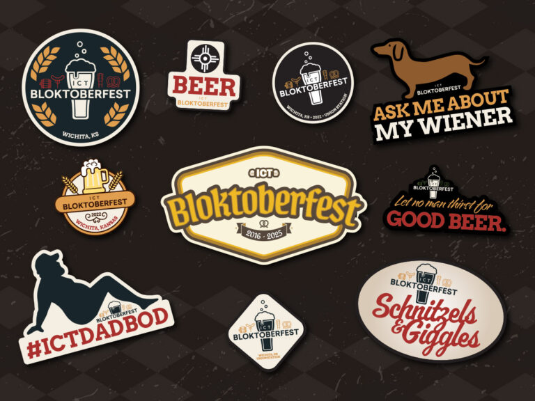 Bloktoberfest logo stickers on a dark brown background.
