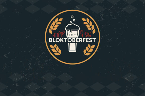 ICT Bloktoberfest logo over a photo of three tacos with two tequila shots and a lime.