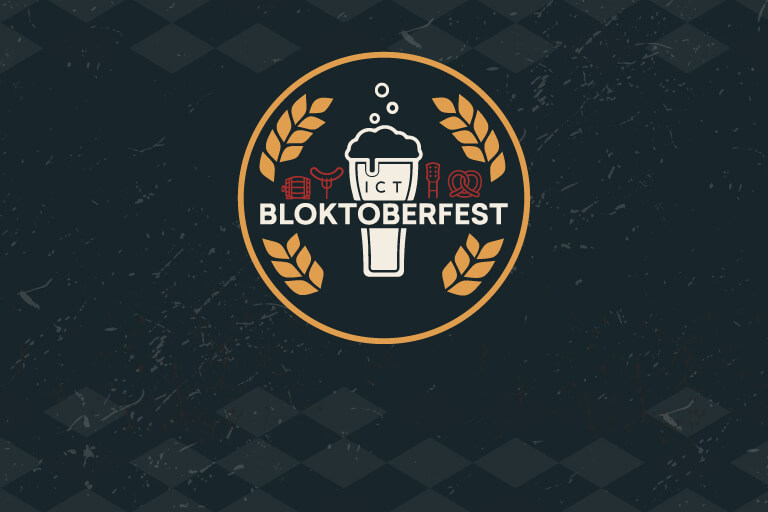 ICT Bloktoberfest logo over a photo of three tacos with two tequila shots and a lime.