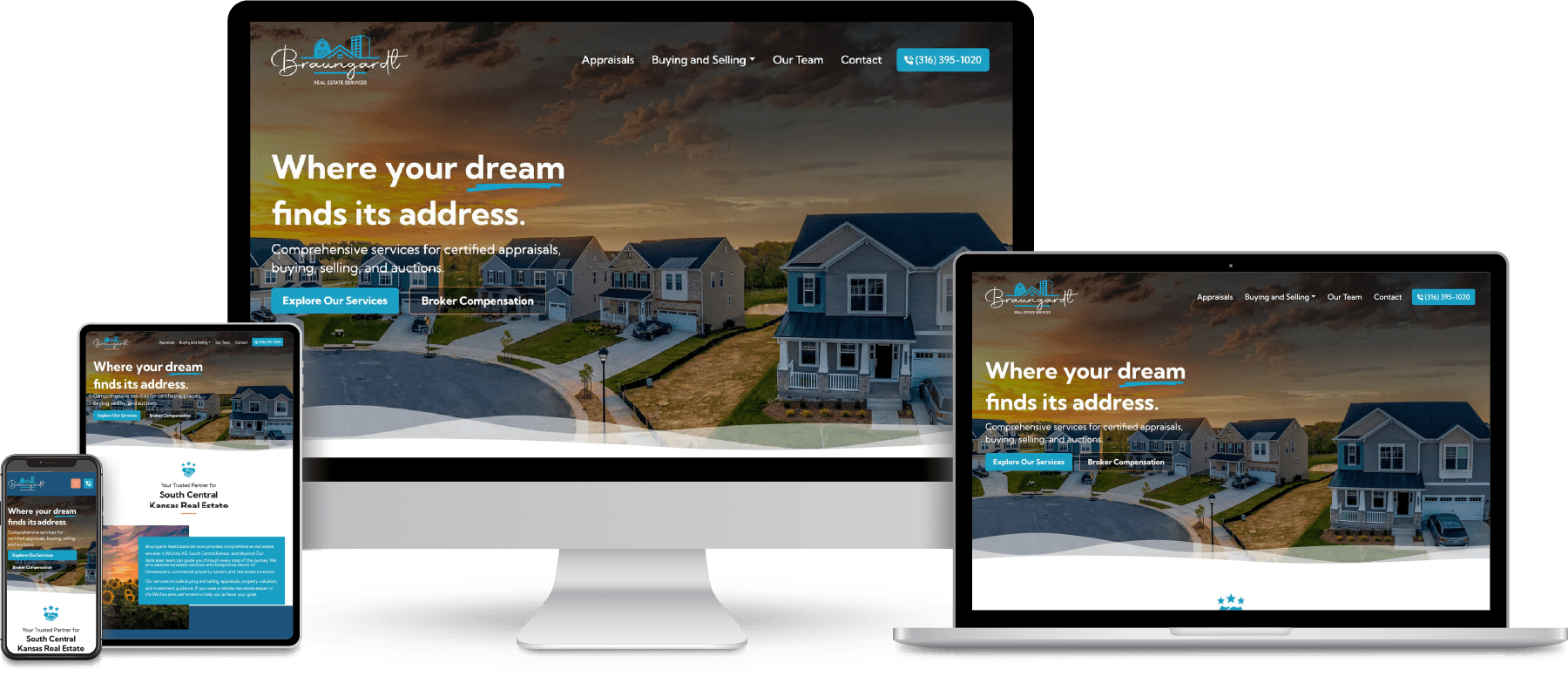 Braungardt Real Estate website shown on desktop, laptop, tablet and mobile devices.