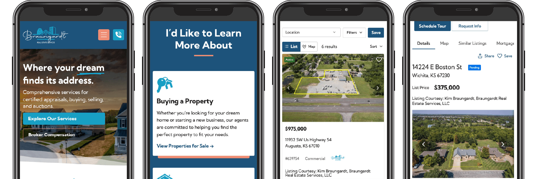 Four pages of the Braungardt Real Estate website displayed on four phones.