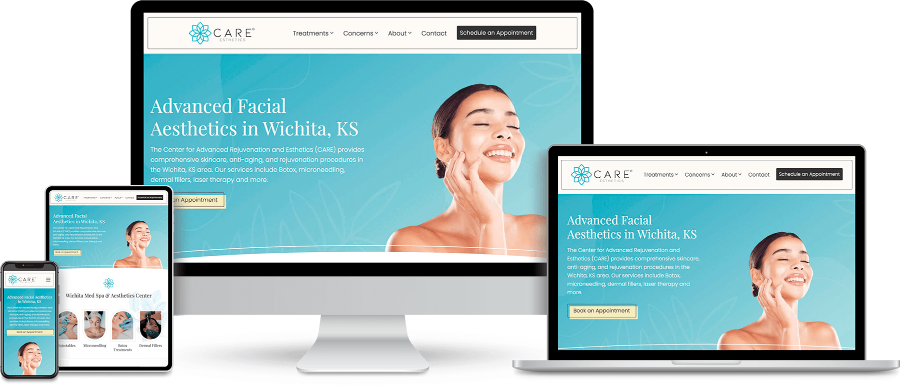 Care Esthetics of Wichita website shown on desktop, laptop, tablet and mobile devices.