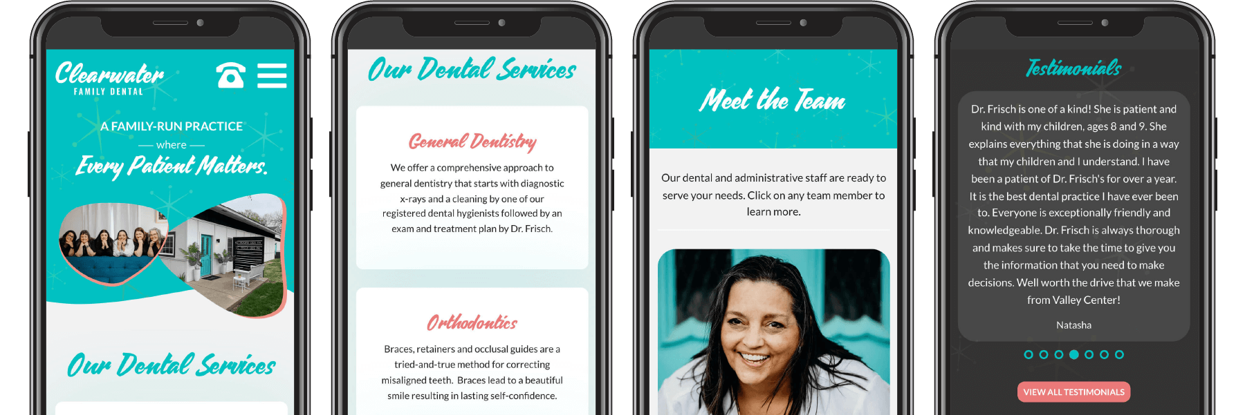 Four pages of the Clearwater Family Dental website displayed on four phones.