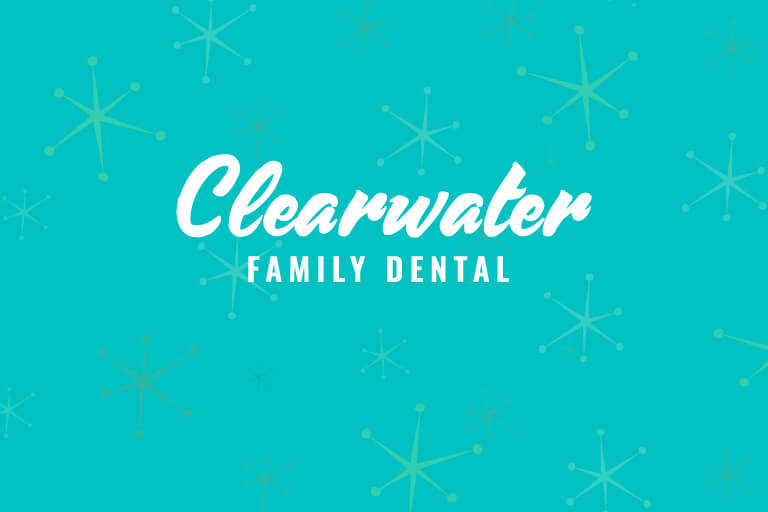 Clearwater Family Dental logo over aqua blue, mid-century patterned background.