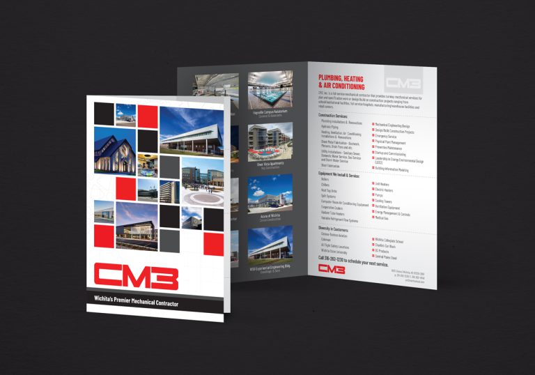 The inside and outside of a print brochure design on dark background.
