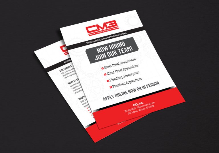 The front and back of the CM3 help wanted flyer displayed in a stack on a dark background.