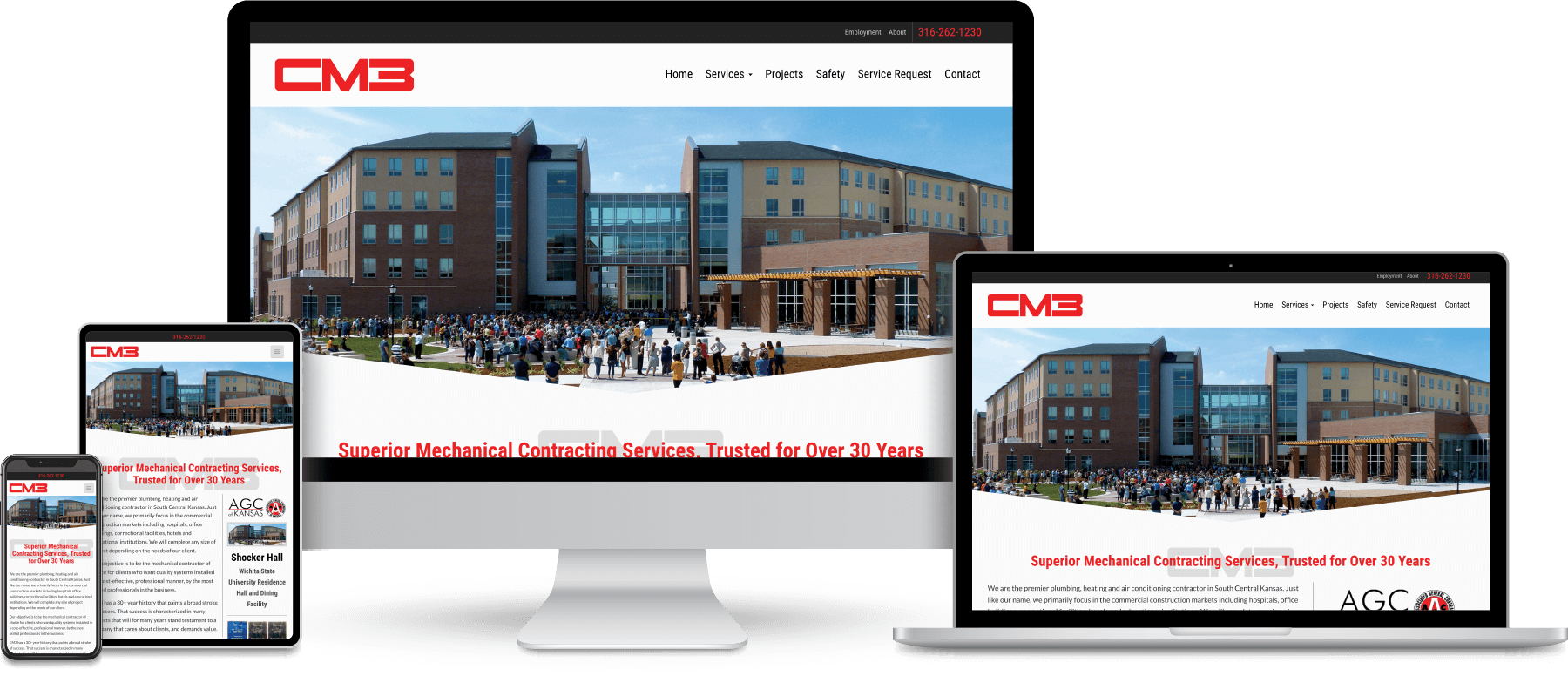 CM3 website shown on desktop, laptop, tablet and mobile devices.