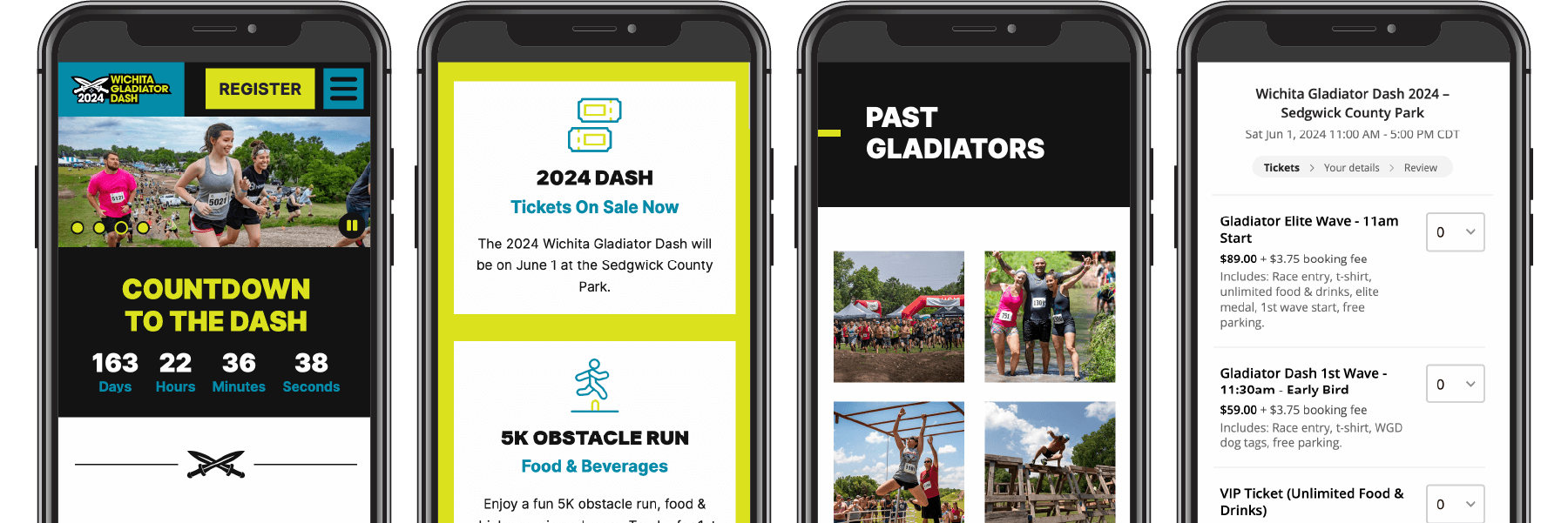 Four pages of the Wichita Gladiator Dash website displayed on four phones.