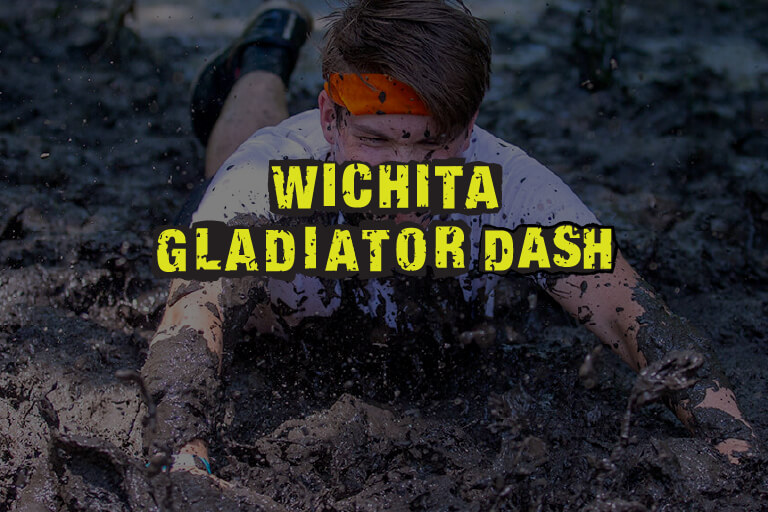 Wichita Gladiator Dash logo over photo of man diving into mud.