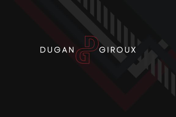 Dugan & Giroux logo over dark patterned background.