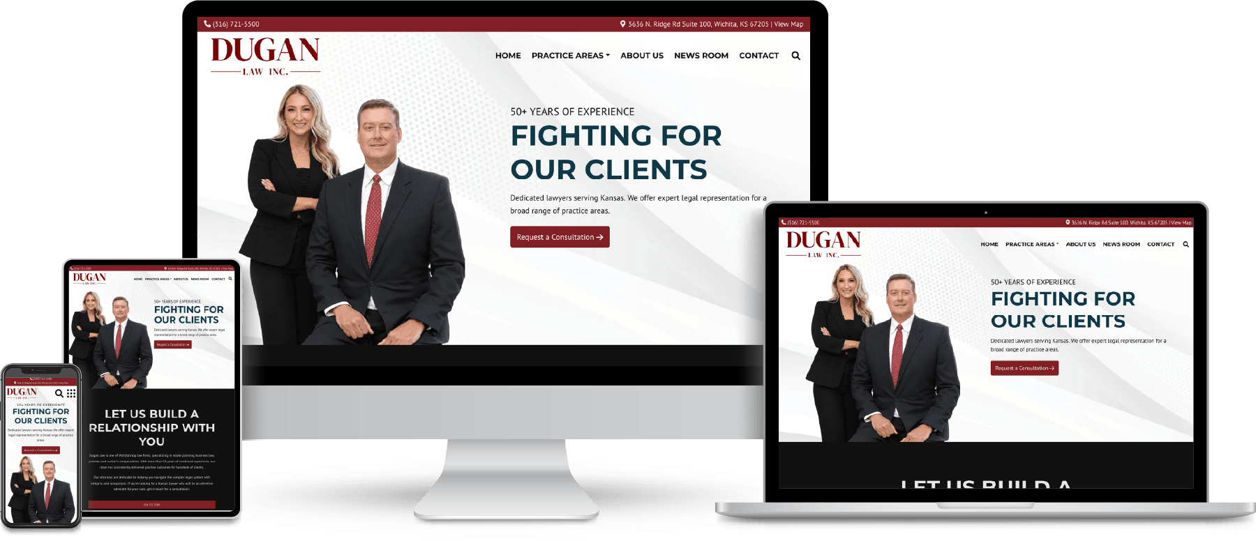 Dugan Law website shown on desktop, laptop, tablet and mobile devices.