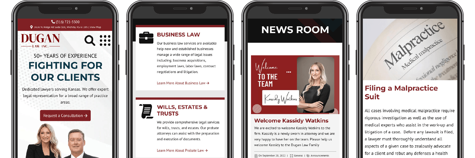 Dugan Law website displayed on four phones.