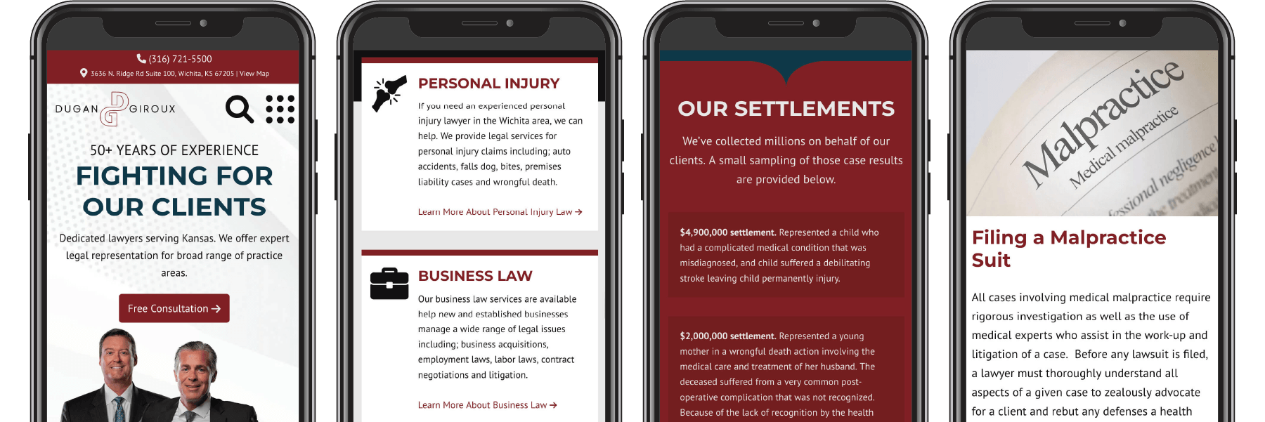 Four pages of the Dugan & Giroux website displayed on four phones.