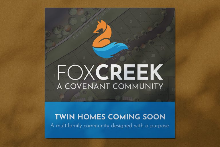 Exterior signage featuring the Fox Creek Logo - Twin Homes Coming Soon