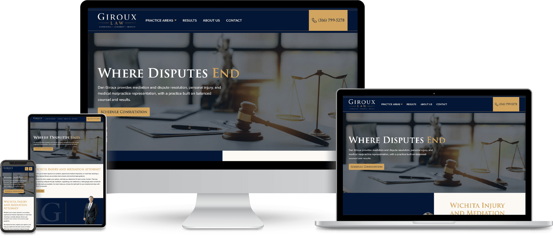 Giroux Law website shown on desktop, laptop, tablet and mobile devices.