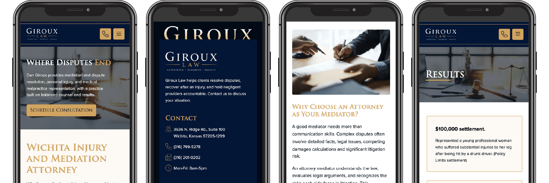 Giroux Law website displayed on four phones.