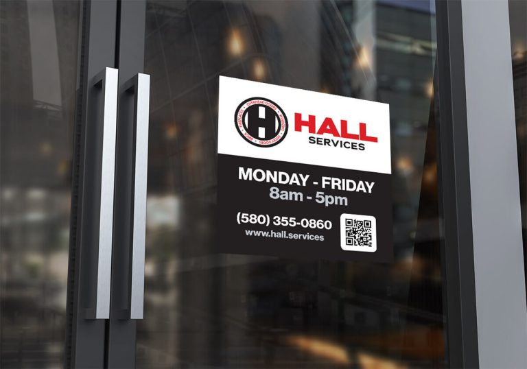 Black, red and white sticker on glass door with Hall logo, hours, phone number and QR code.