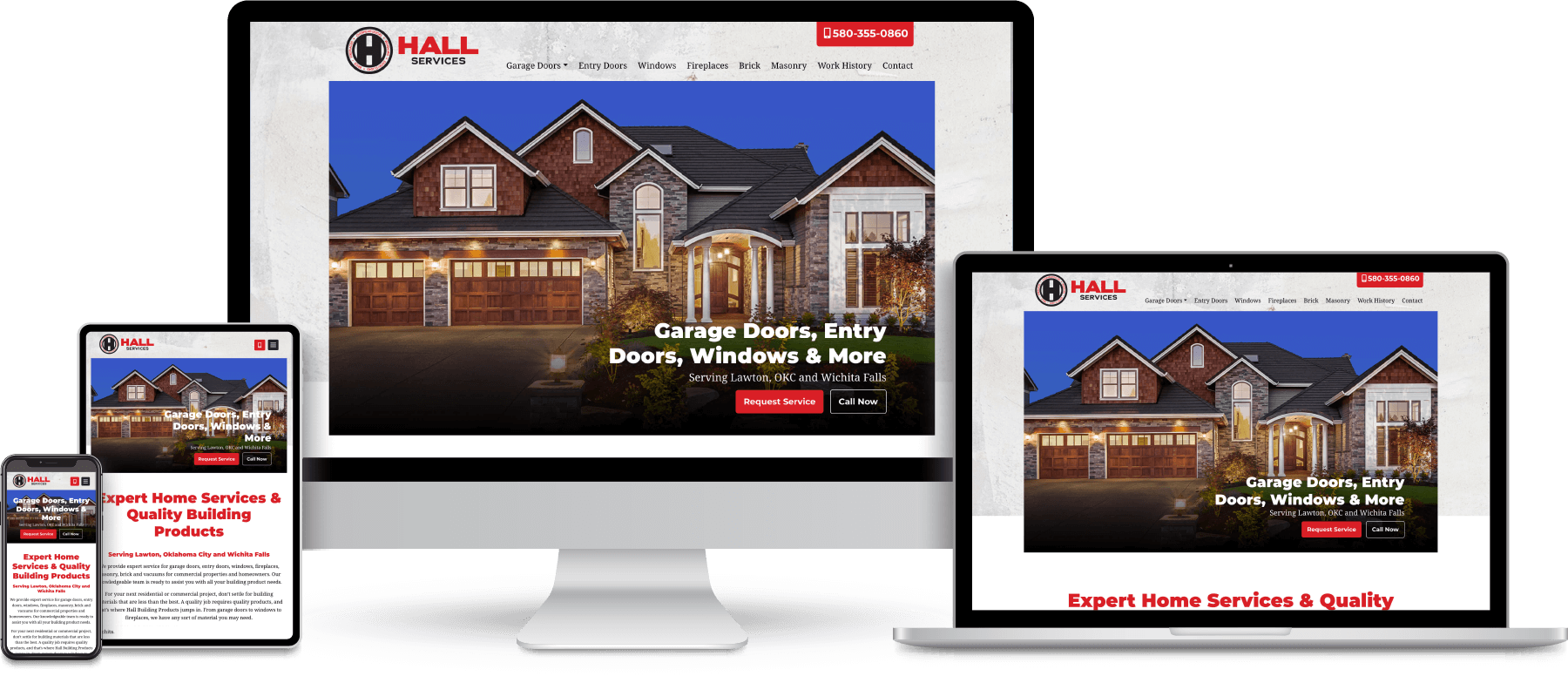 Hall Services website shown on desktop, laptop, tablet and mobile devices.