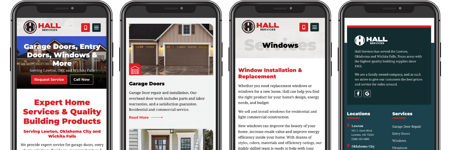 Four pages of the Hall Services website displayed on four phones.
