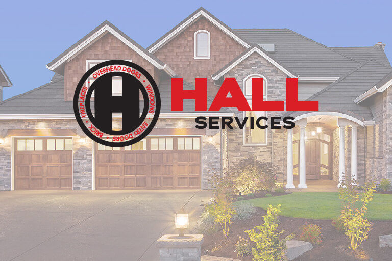 Hall Services logo over faded photo of a large brick home.