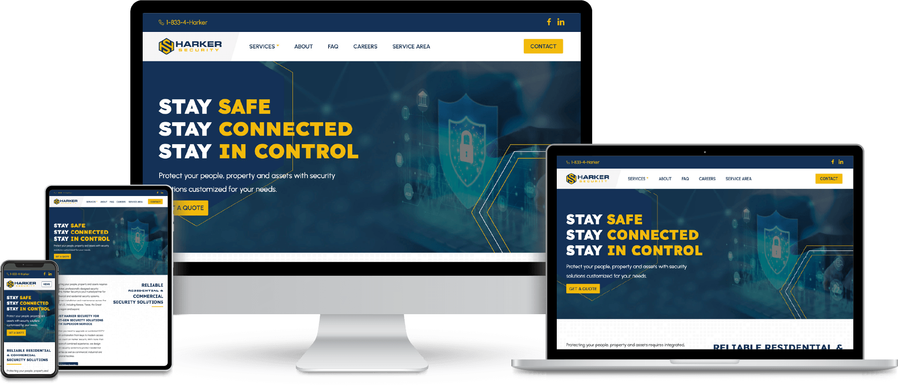Harker Security website shown on desktop, laptop, tablet and mobile devices.
