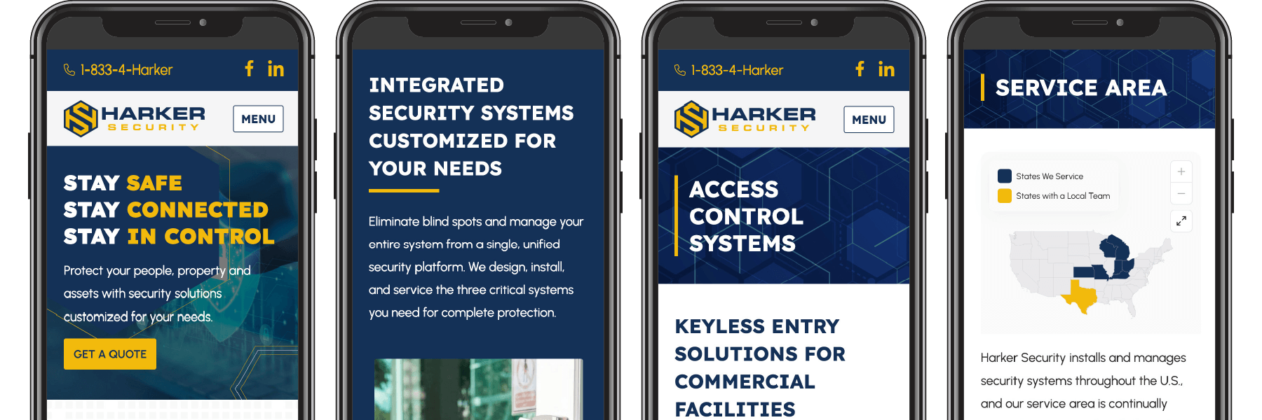 Harker Security website displayed on four phones.