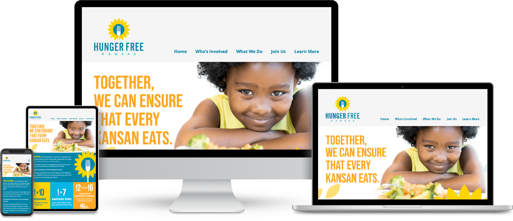 Hunger Free Kansas website shown on desktop, laptop, tablet and mobile devices.