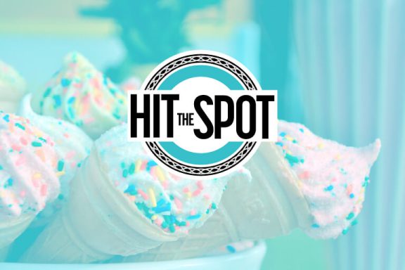 Hit the Spot logo over background of ice cream cones.
