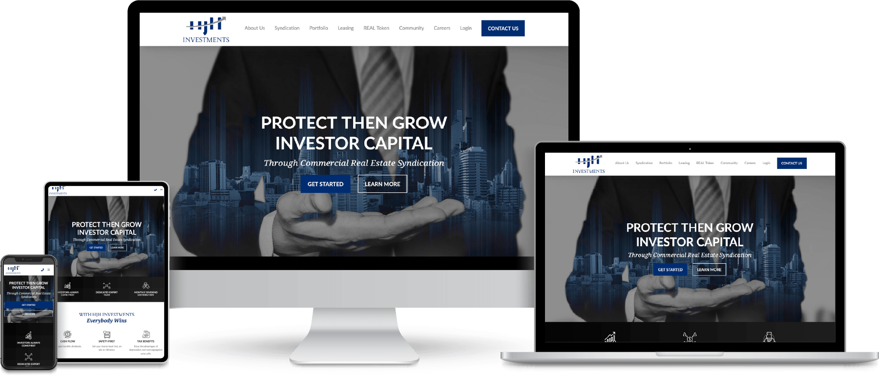 HJH Investments website shown on desktop, laptop, tablet and mobile devices.