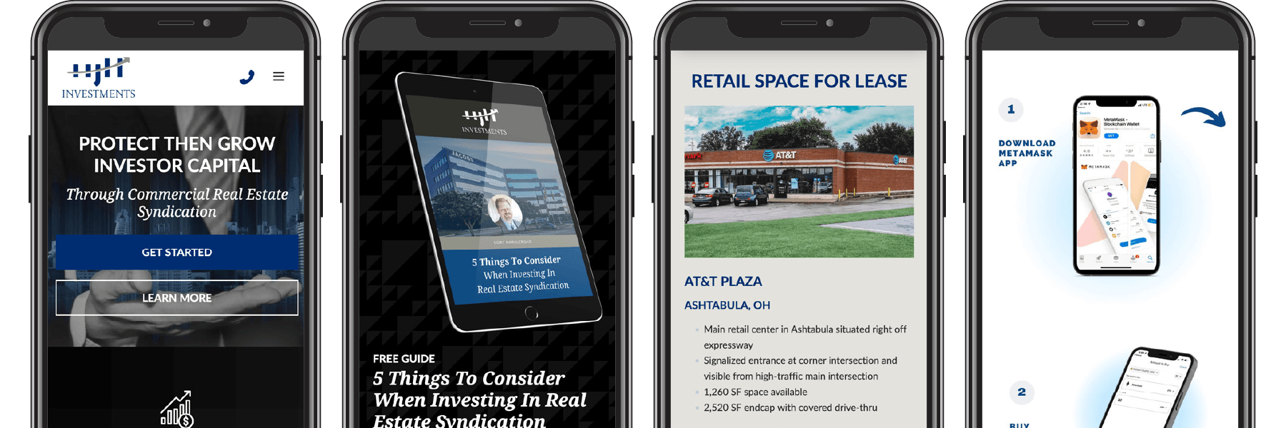 HJH Investments website displayed on four phones.