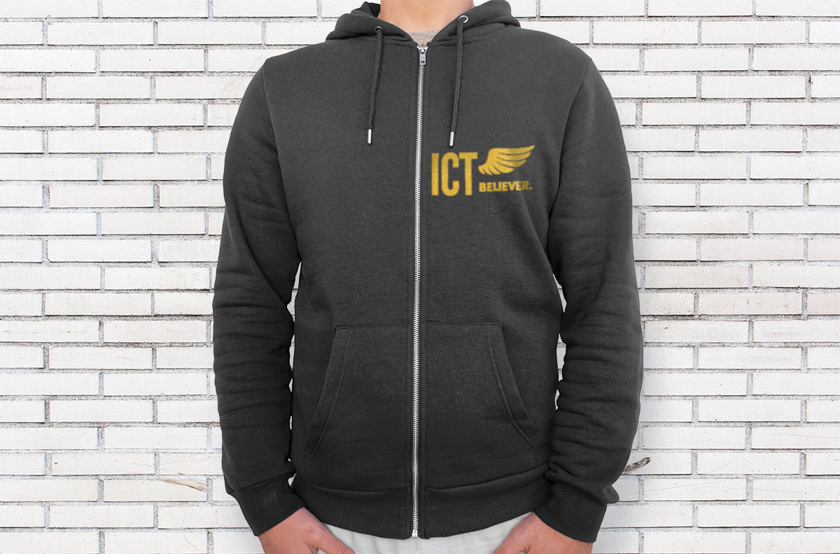 Black hoodie with yellow ICT Believer logo.