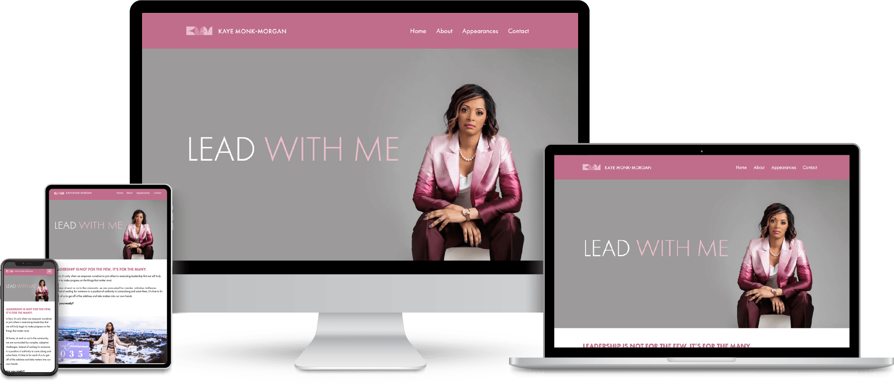 Kaye Monk-Morgan website shown on desktop, laptop, tablet and mobile devices.