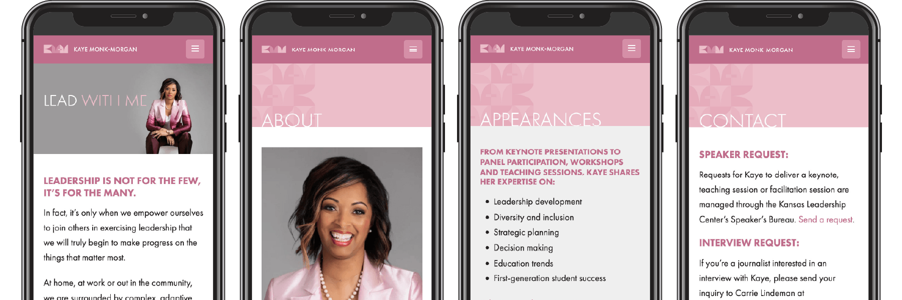 Kaye Monk-Morgan website displayed on four phones.