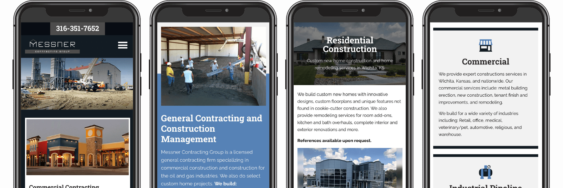 Four pages of the Messner Contracting Group website displayed on four phones.