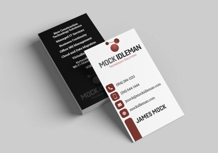 The front and back of the Mock Idleman business cards displayed in a stack on a gray background.