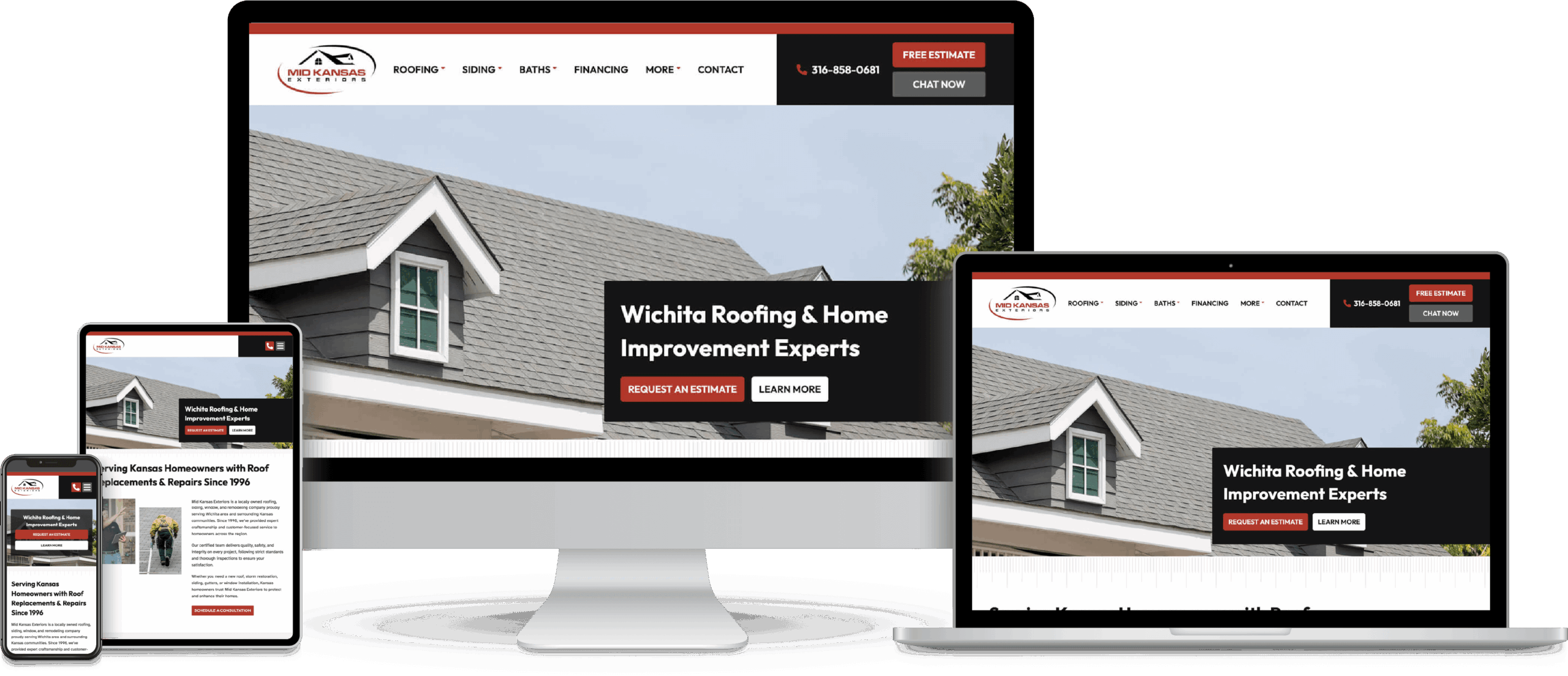 Mid Kansas Exteriors website shown on desktop, laptop, tablet and mobile devices.