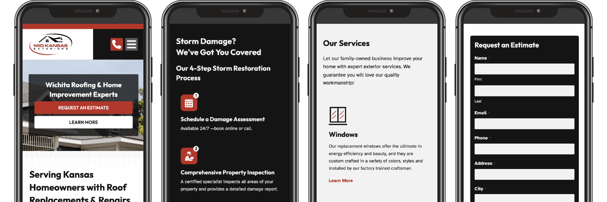 Mid Kansas Exteriors website displayed on four phones.