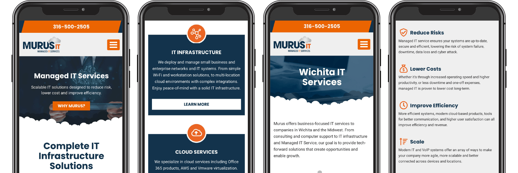Four pages of the Murus IT website displayed on four phones.