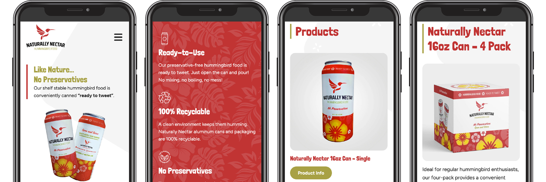 Four pages of the Naturally Nectar website displayed on four phones.