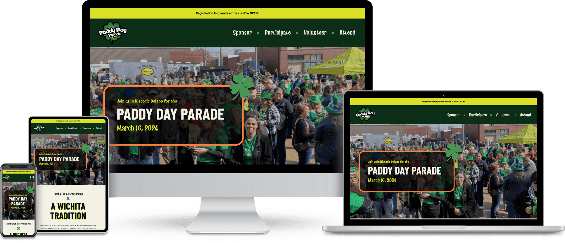 Delano Paddy Day Parade website shown on desktop, laptop, tablet and mobile devices.