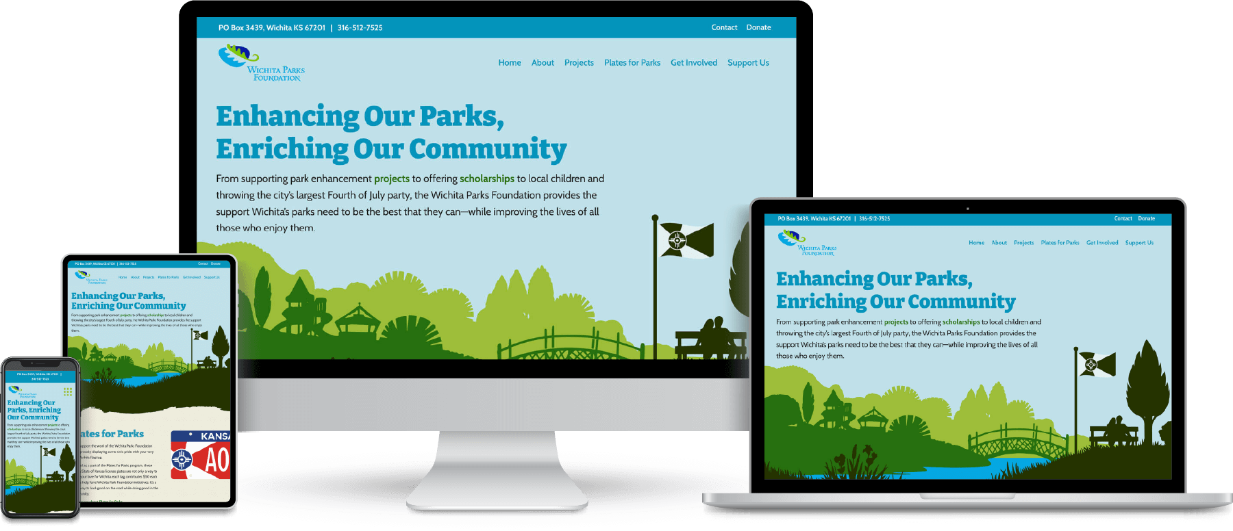 Wichita Parks Foundation website shown on desktop, laptop, tablet and mobile devices.