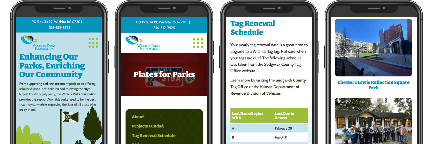 Four pages of the Wichita Parks Foundation website displayed on four phones.