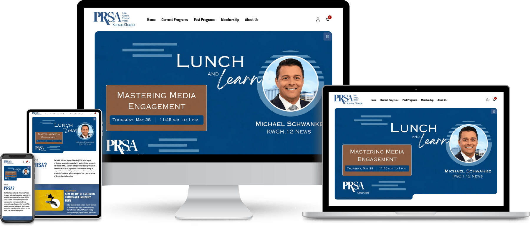PRSA Kansas website shown on desktop, laptop, tablet and mobile devices.